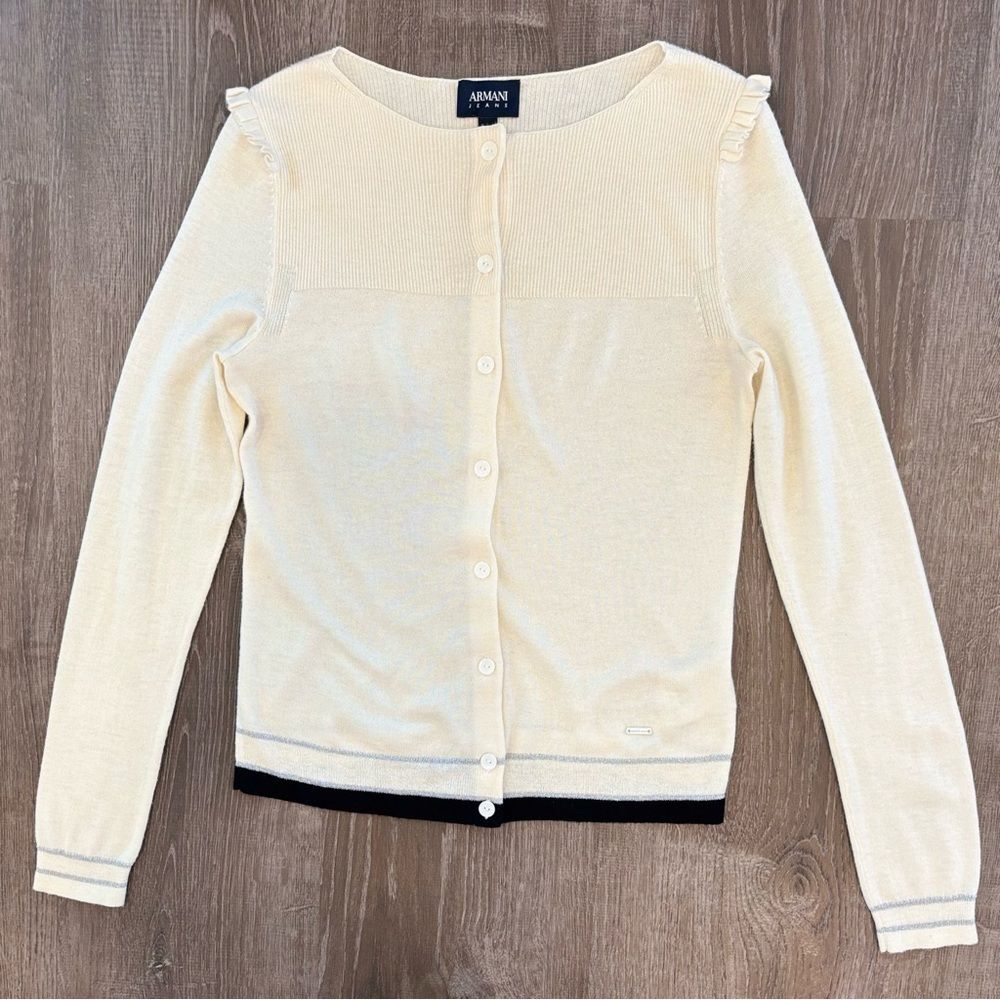 Armani Jeans Cream Cardigan Wool Blend XXS Black Hem Ruffle Shoulder